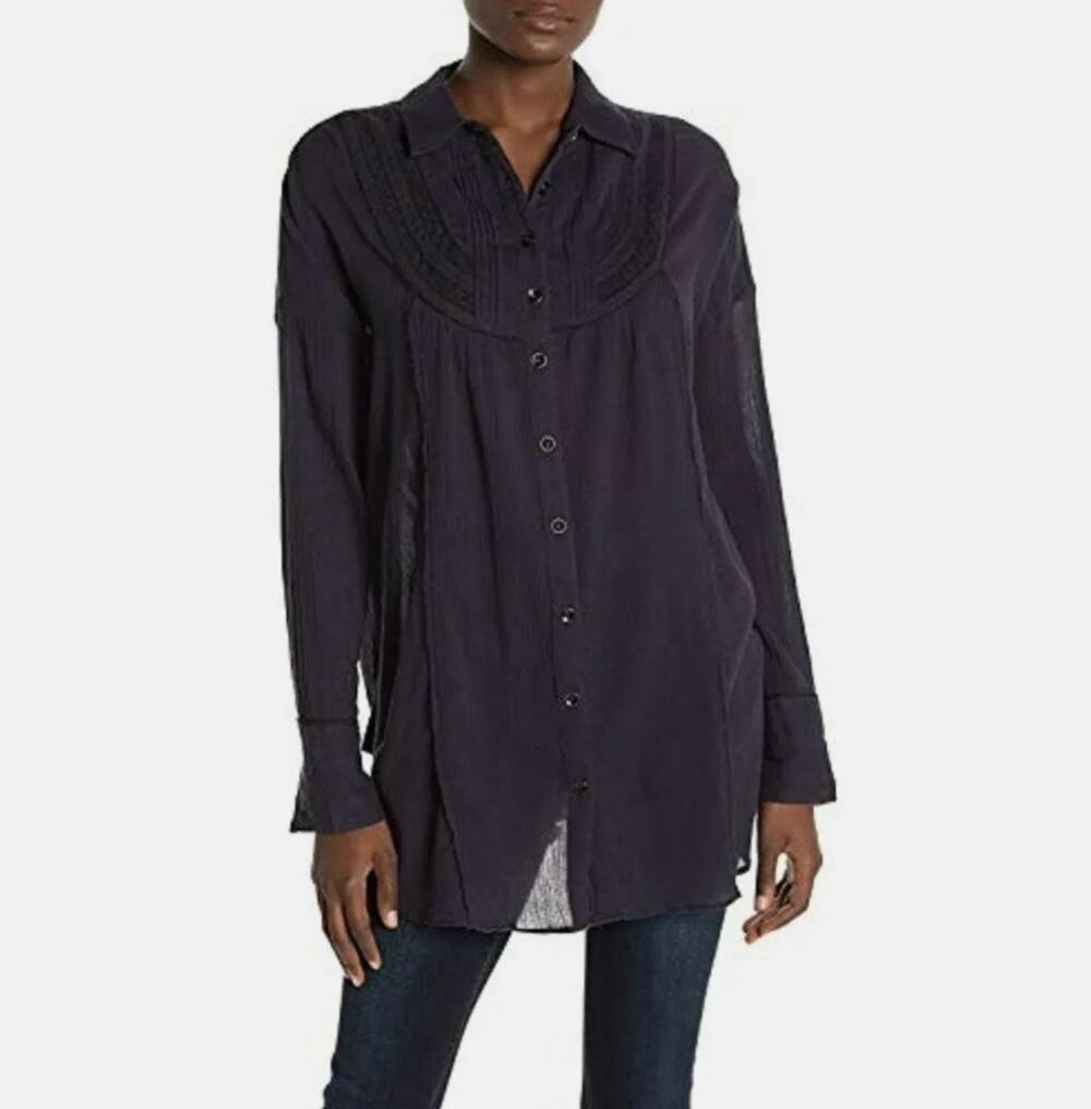 We The Free Navy Blue Long Sleeve Button Up 'Amore Amore' Blouse Size Small